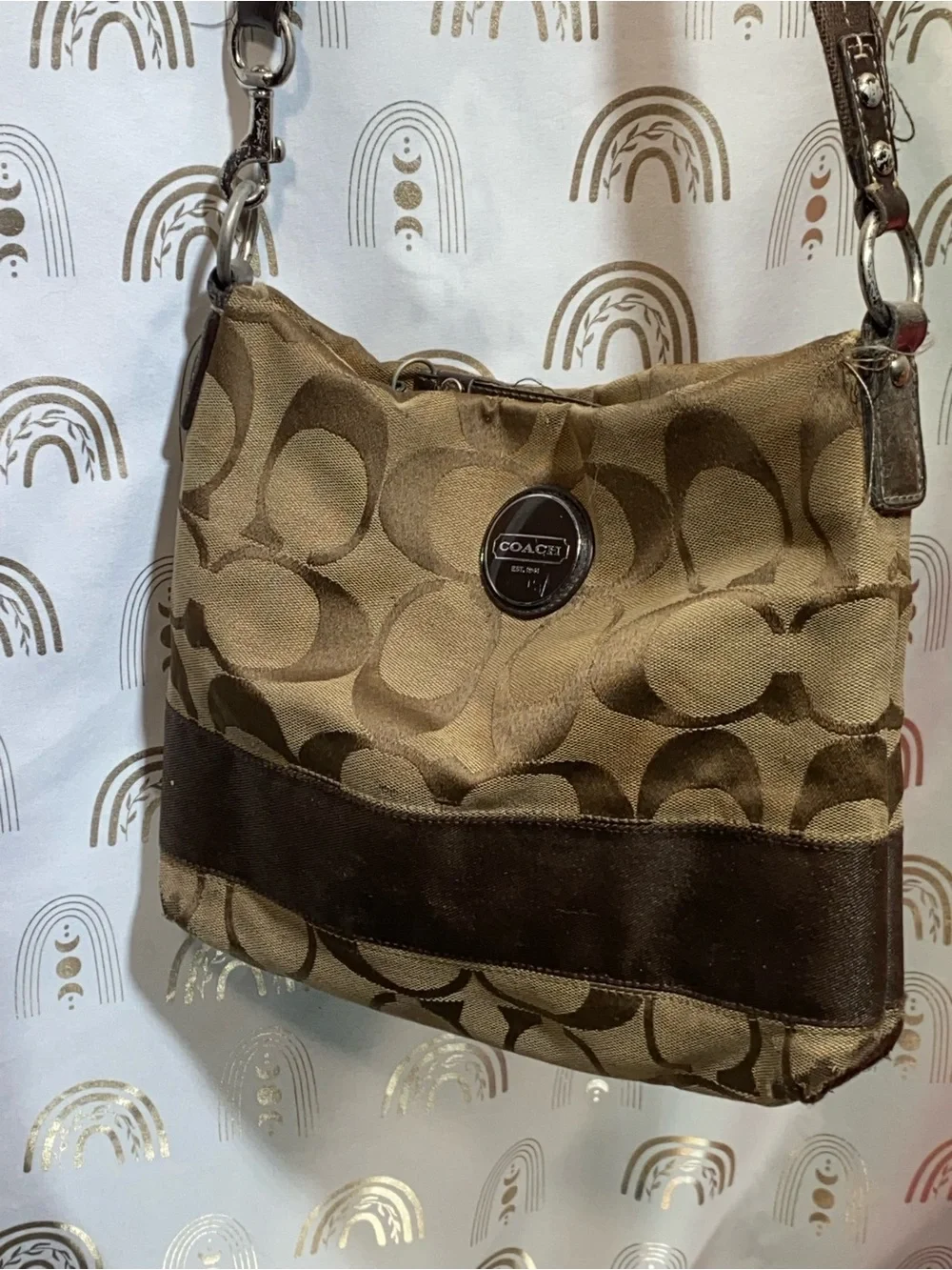 Coach Brown Signature Canvas and Suede Shoulder Bag